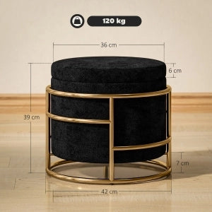 Pouf contenitore in velluto nero con struttura in acciaio, seduta imbottita, Ø42 x 39 cm