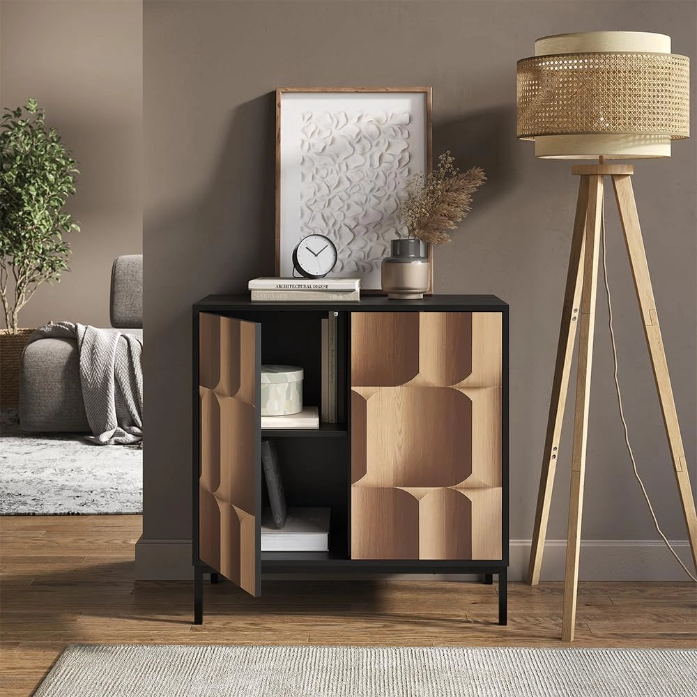 Credenza Eliza, Nero/quercia, 80 x 81.2 cm con 2 ante, Meccanismo push-to-open e superficie facile da pulire