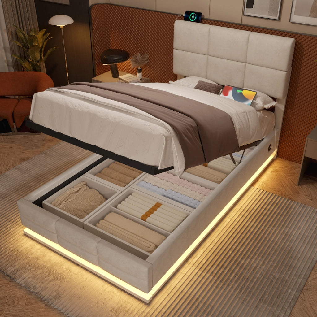Letti contenitori 90x200 cm; testiera regolabile con LED e USB; velluto beige (Senza materasso)