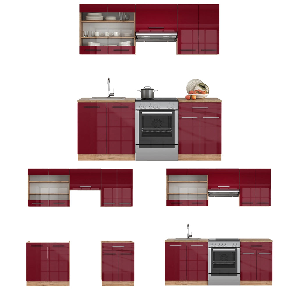 Vicco Cucina componibile Bordeaux lucido/rovere dorato 200 cm , PL Marmo