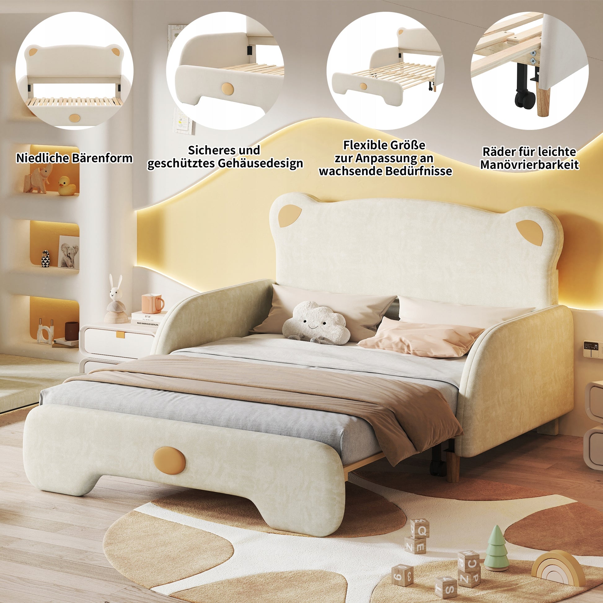 Letto a forma di orso imbottito - Xylo - 140x200 - Beige - Con materasso
