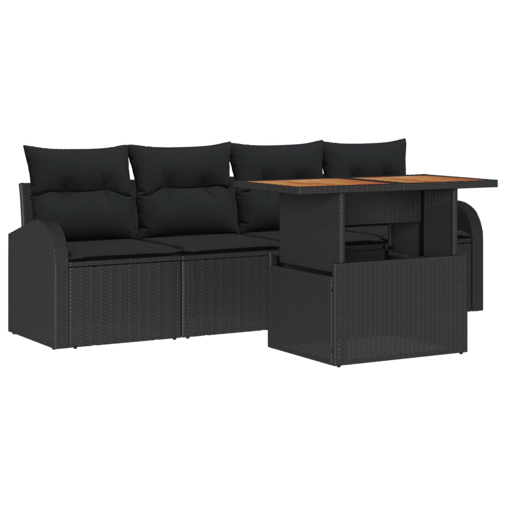 Set di divani da giardino a 5 pezzi con cuscini in polyrattan nero