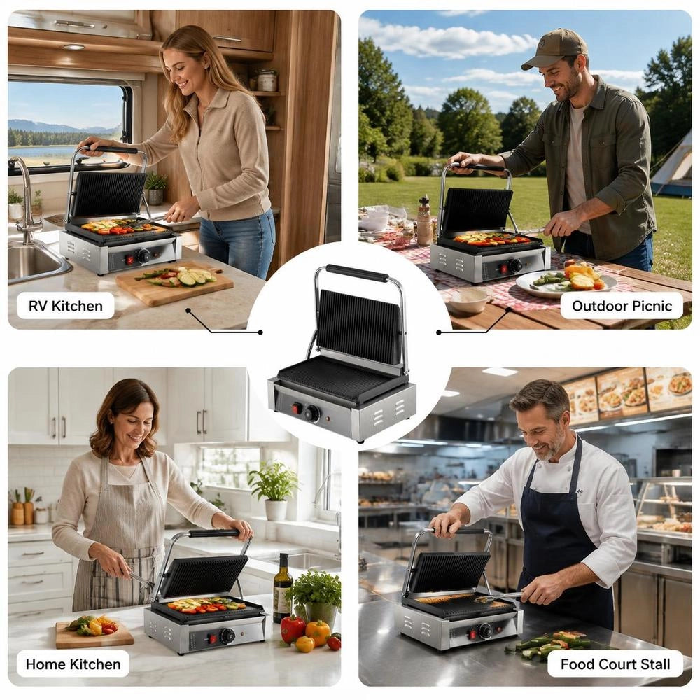 Commercial Panini Grill, Contact Grill 2200 W For Sandwiches, Steak, Bacon, Hamburgers, Sandwich Maker, Stainless Steel Press Grill With Handle, Temperature Control, And 34 X 23 Cm Heating Plate, Panini Press