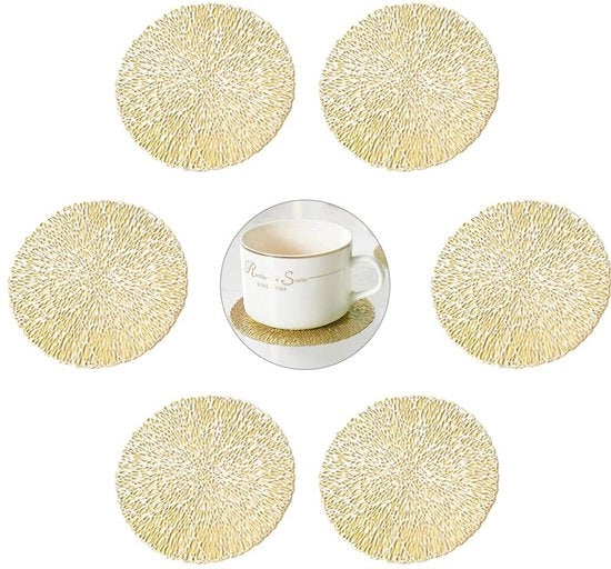 Sottopiani per piatti, 6 sottopiani per bicchieri, piastrelle in vinile rotonde con cavità, sottopiani per tavolo lavabili in PVC per cucina, casa, tavolo da pranzo (oro, 10 cm)