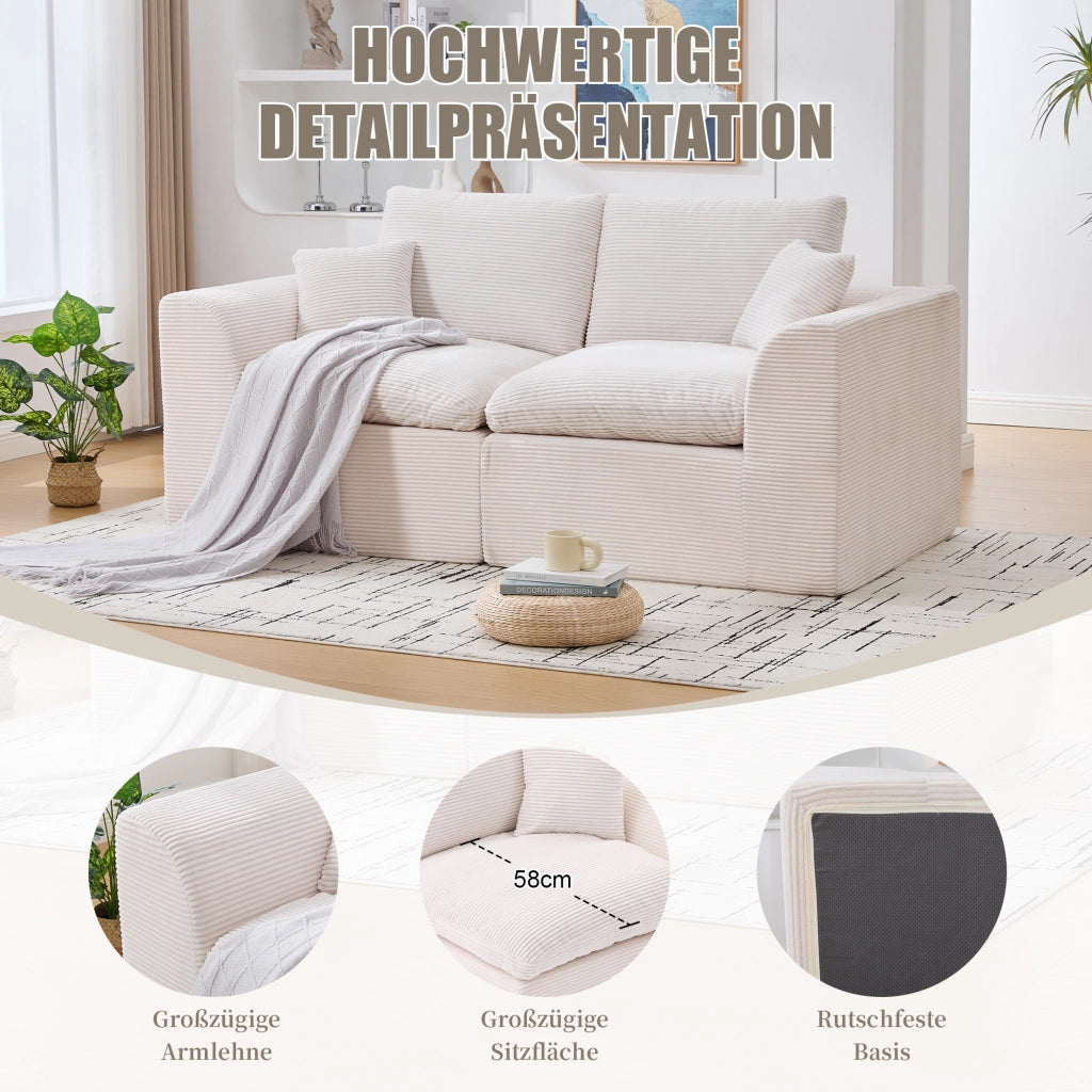 OKWISH Divano 2 Posti da Soggiorno, con Cuscini e Seduta Imbottita, Design Minimalista, Velluto a Coste, Beige
