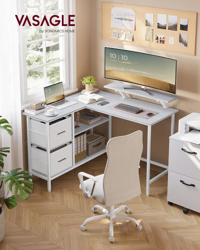 VASAGLE Scrivania per Computer a L, Scrivania ad Angolo con 2 Cassetti Spaziosi e Supporto per Monitor, Ripiano Regolabile, per Ufficio Studio, Bianco Acero LWD097W01