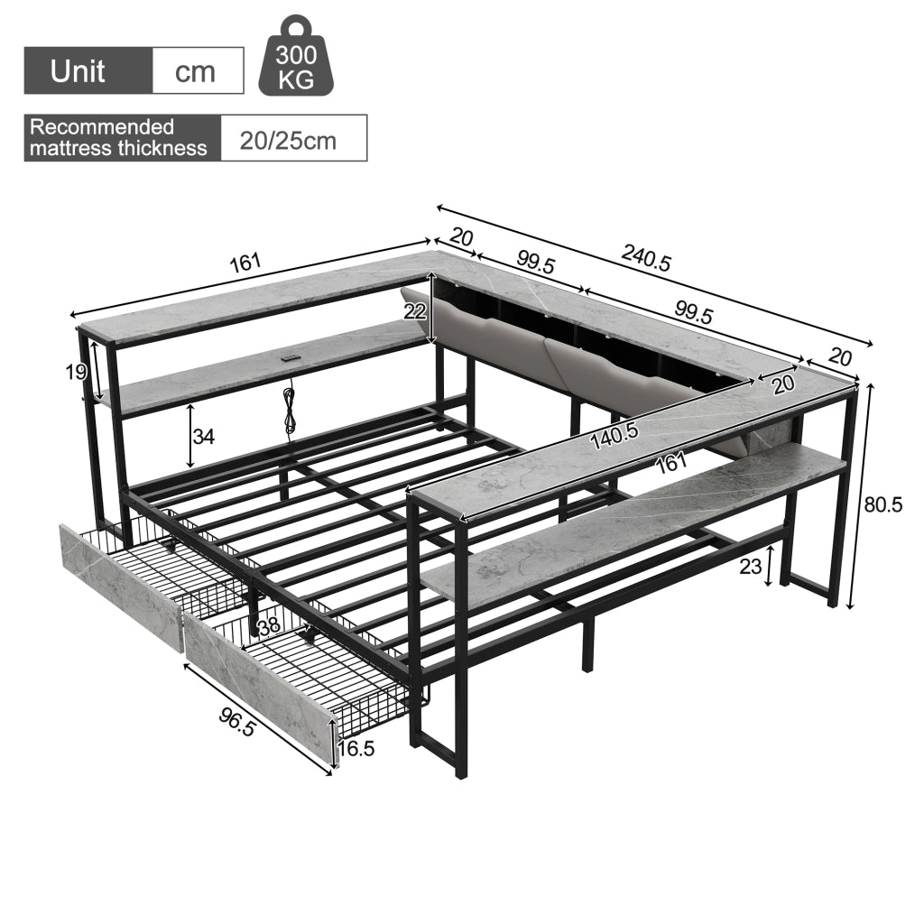Letto divano matrimoniale 140 × 200 cm con 2 cassetti, 6 vani contenitore, USB e tipo C, senza materasso, grigio