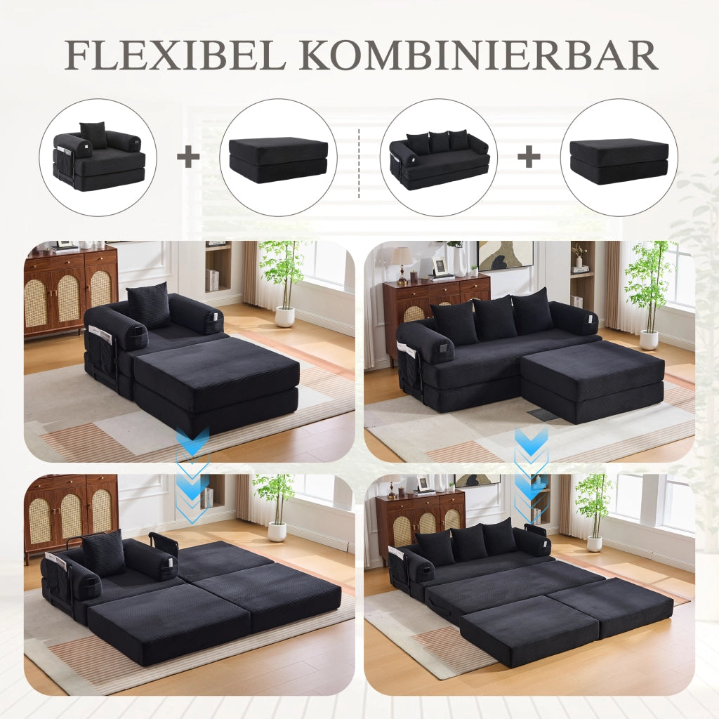 Pouf Reposapiedi Convertibile Modulo Letto, in Velluto Corduroy, Nero