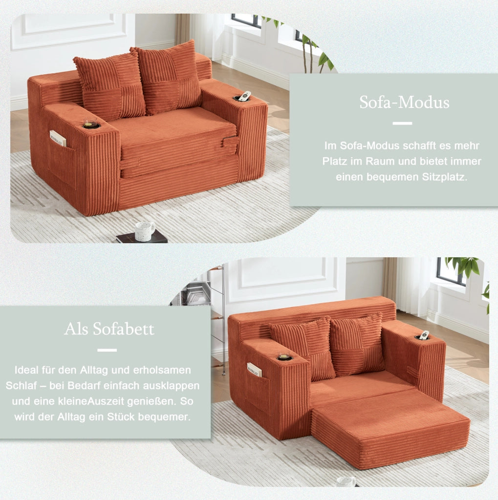 DIVANO Pouf 151x133x64 cm in velluto a coste arancione con 2 cuscini