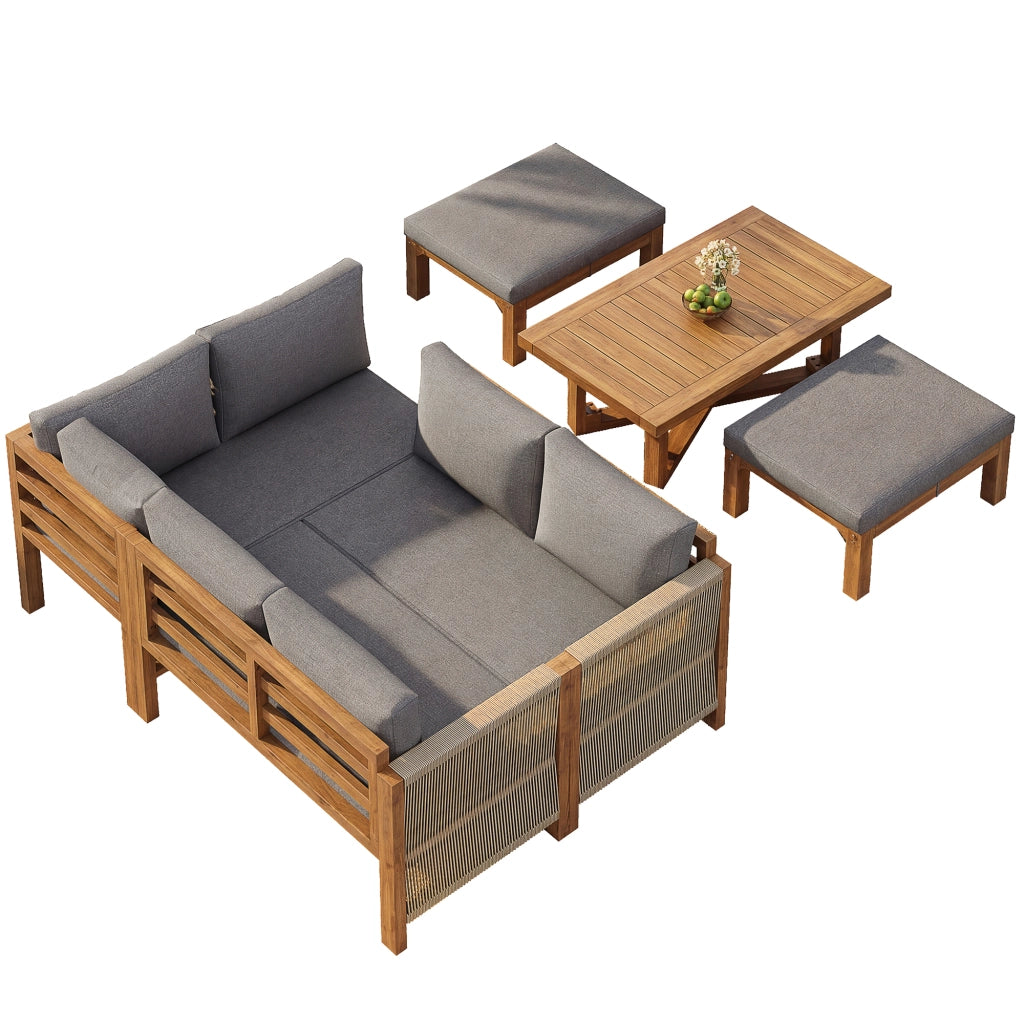 Set Divano Angolare da Giardino in Legno Acacia con Cuscini ¨C Xylo ¨C 6 Posti, 2 Sgabelli e Tavolo