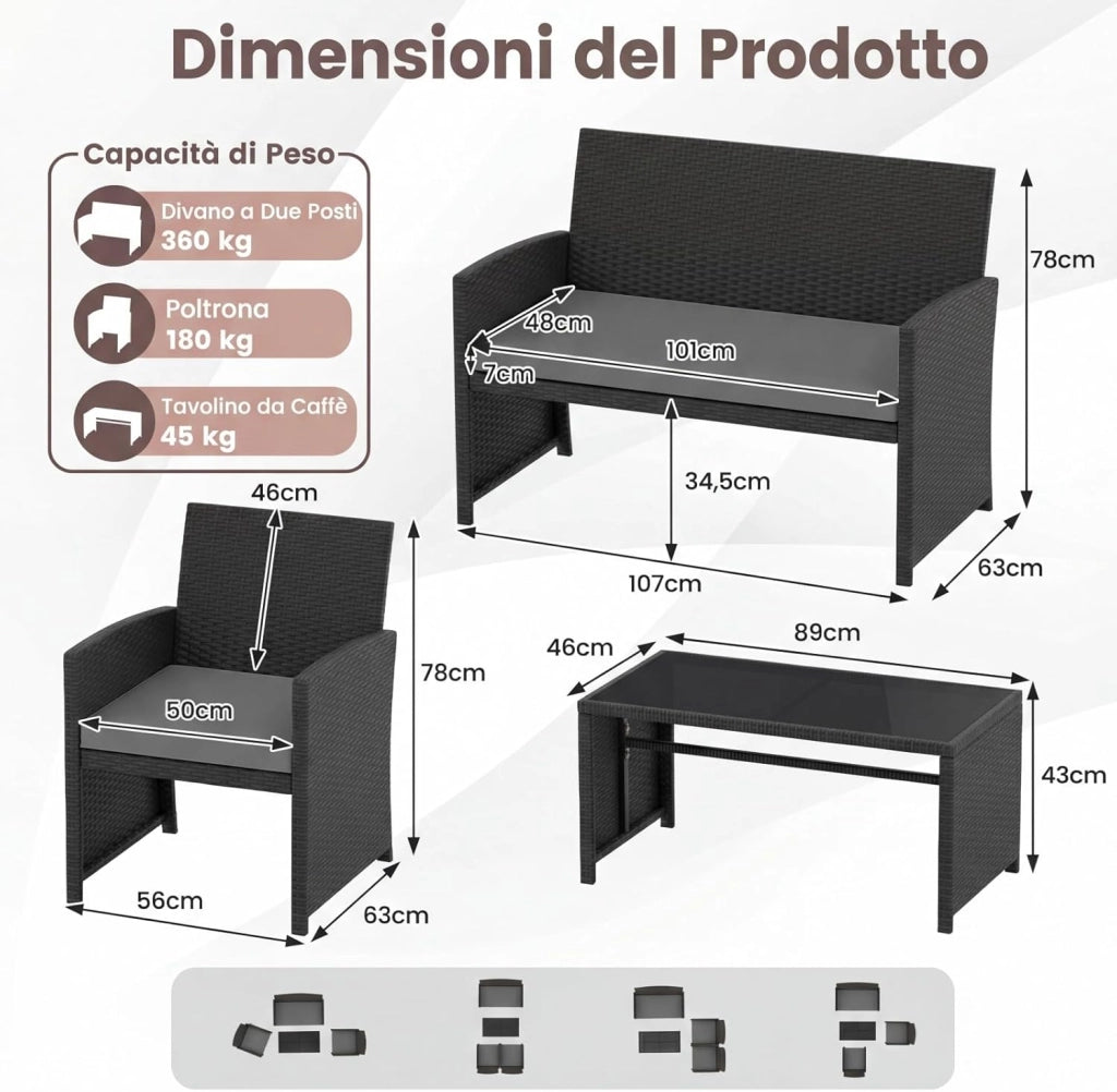 Set Salotto da Giardino 4 Pezzi, Divanetto e Poltrone in Rattan con Tavolino da Caffè in Vetro Temperato, Set di Mobili da Esterno Imbottiti per Cortile, Veranda e Bordo Piscina (Grigio)