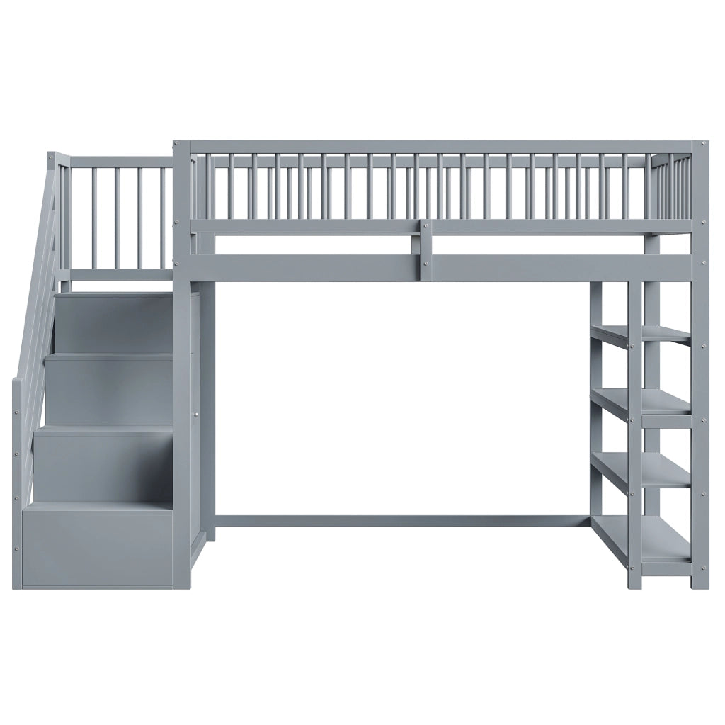 Letto a soppalco ULEVR 90x200 cm con armadio, ripiani, scala di sicurezza e sponde alte, grigio