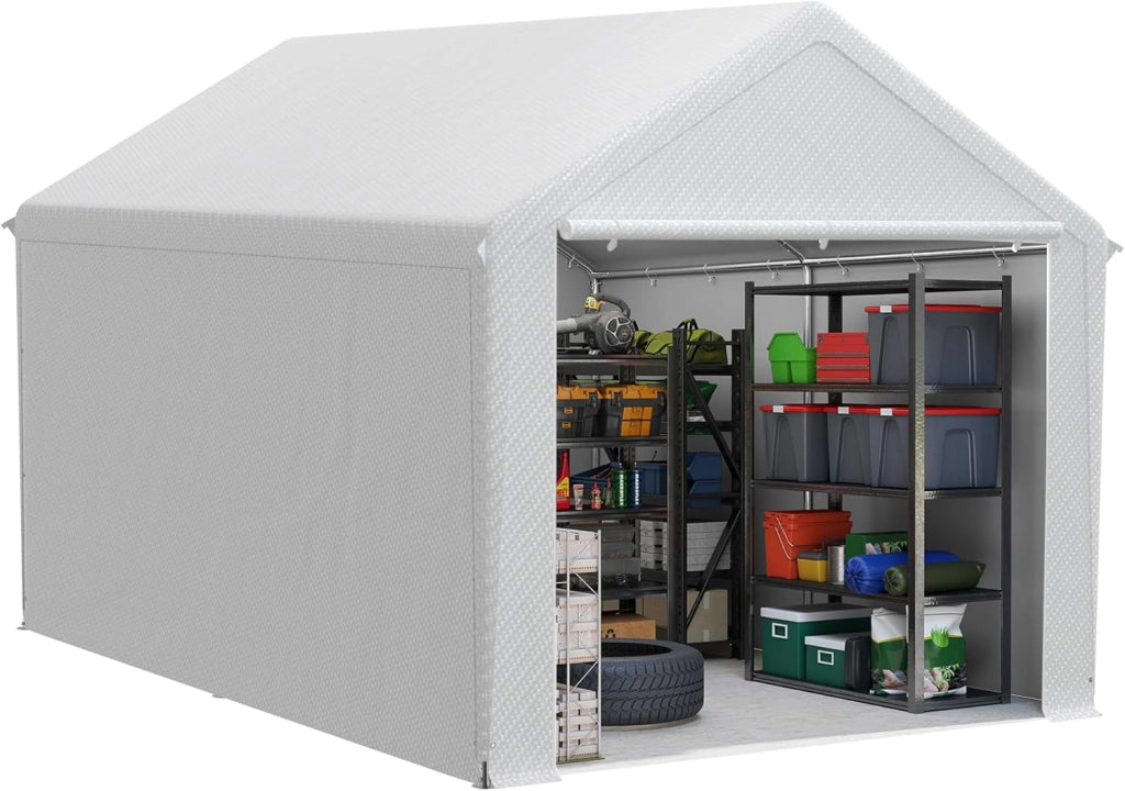 Casetta per attrezzi da giardino, 12 m³, in PE, con pareti laterali rimovibili, resistente all'inverno, per garage, per attrezzi da giardino, moto, bicicletta, colore bianco