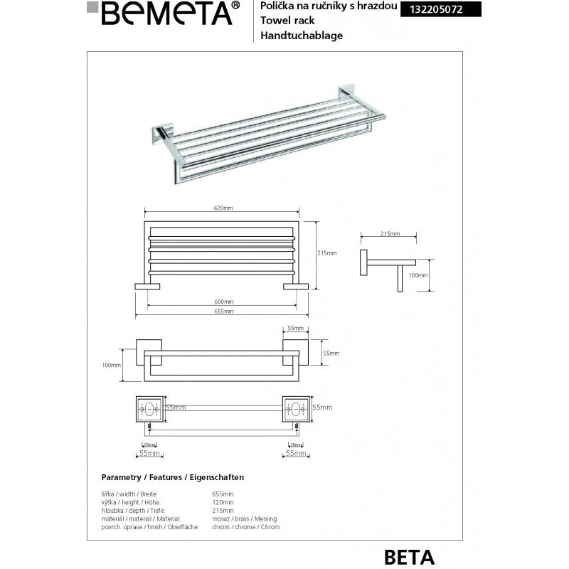 Mensola, portasciugamani in ottone cromato BETA 65,5cmx 21,5cmx55cm