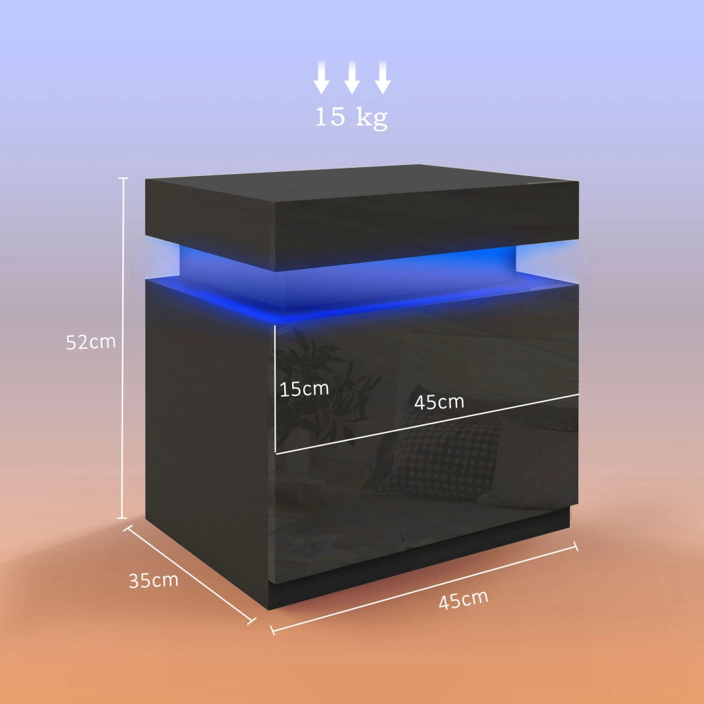 Comodino 45x35x52 cm Illuminazione LED a 16 Colori e 4 Modalità con 2 Cassetti in Legno Nero