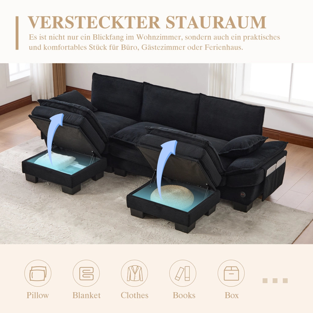 DIVANO 3 POSTI MODULARE 260x132x84 cm CORDUROY NERO con 2 pouf