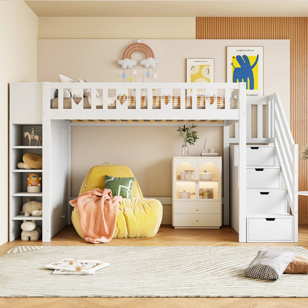 Letto a Soppalco Singolo con Scala Contenitore; Scaffali e Armadio Ribaltabile 90×200 cm; senza Materasso