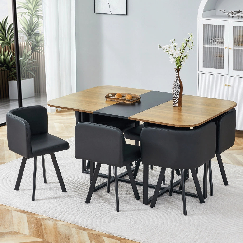 Set da pranzo estensibile con sedie in MDF; metallo e PU; nero e naturale