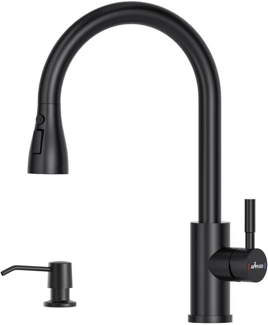 Zuppedana con Dispensatore per Detersivo, Cucina, Rubinetto con 3 Posizioni di Getto, Spina per Spugna con Dispensatore per Sapone, Acciaio Inossidabile, Nero
