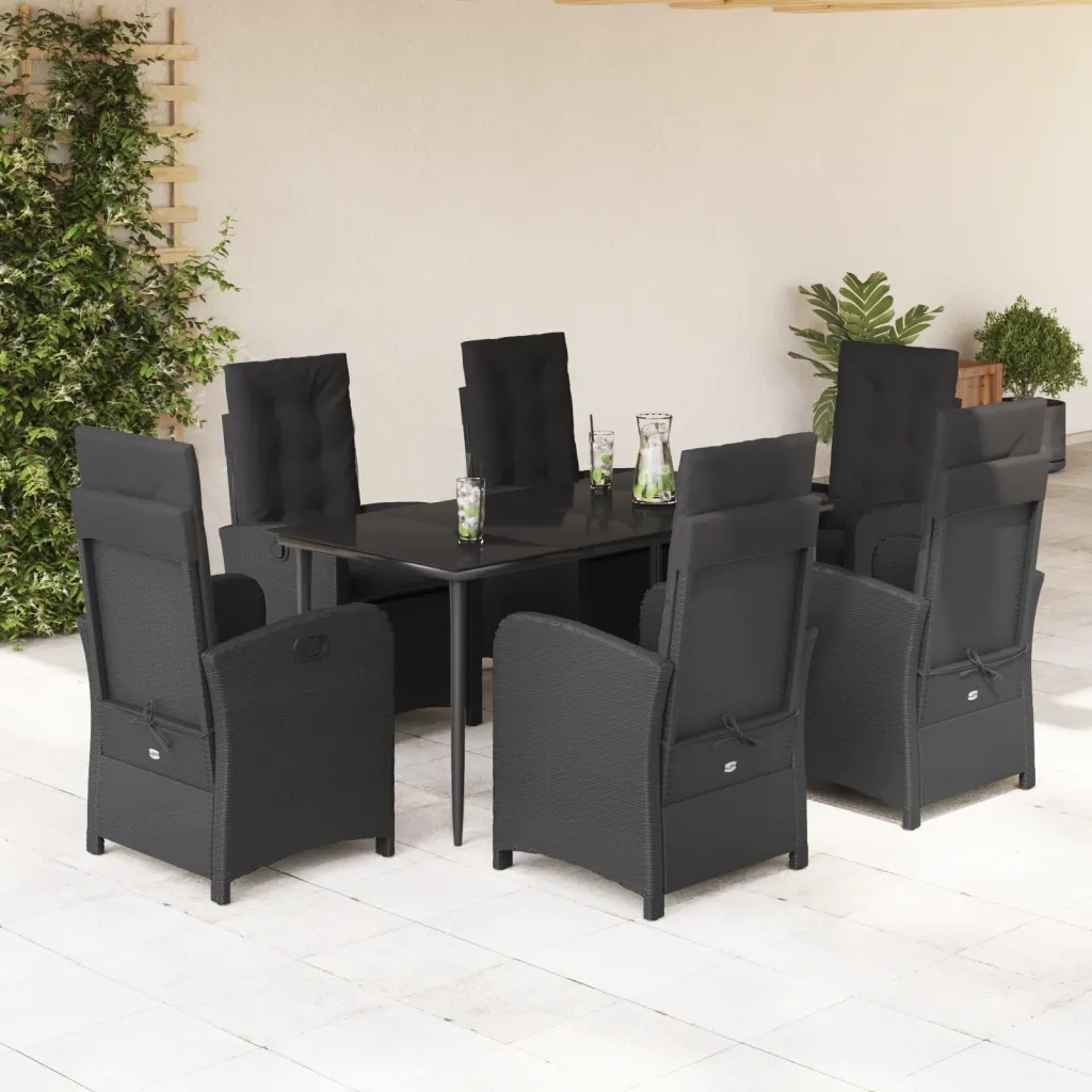 Set da Pranzo da Giardino 7 pz Nero con Cuscini in Polyrattan 3212316
