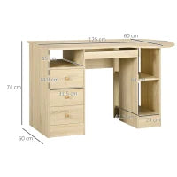 Scrivania da PC per Ufficio con Scaffali, Cassetti e Ripiano Testiera in Legno, 125x60x74cm
