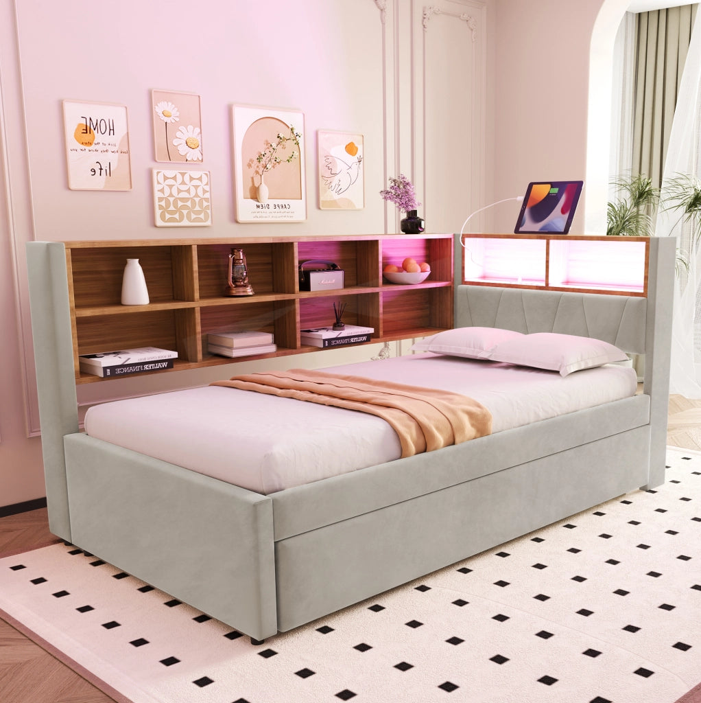 Divano letto multifunzionale 90x200 cm con letto estraibile 90x190 cm; LED e prese; grigio chiaro