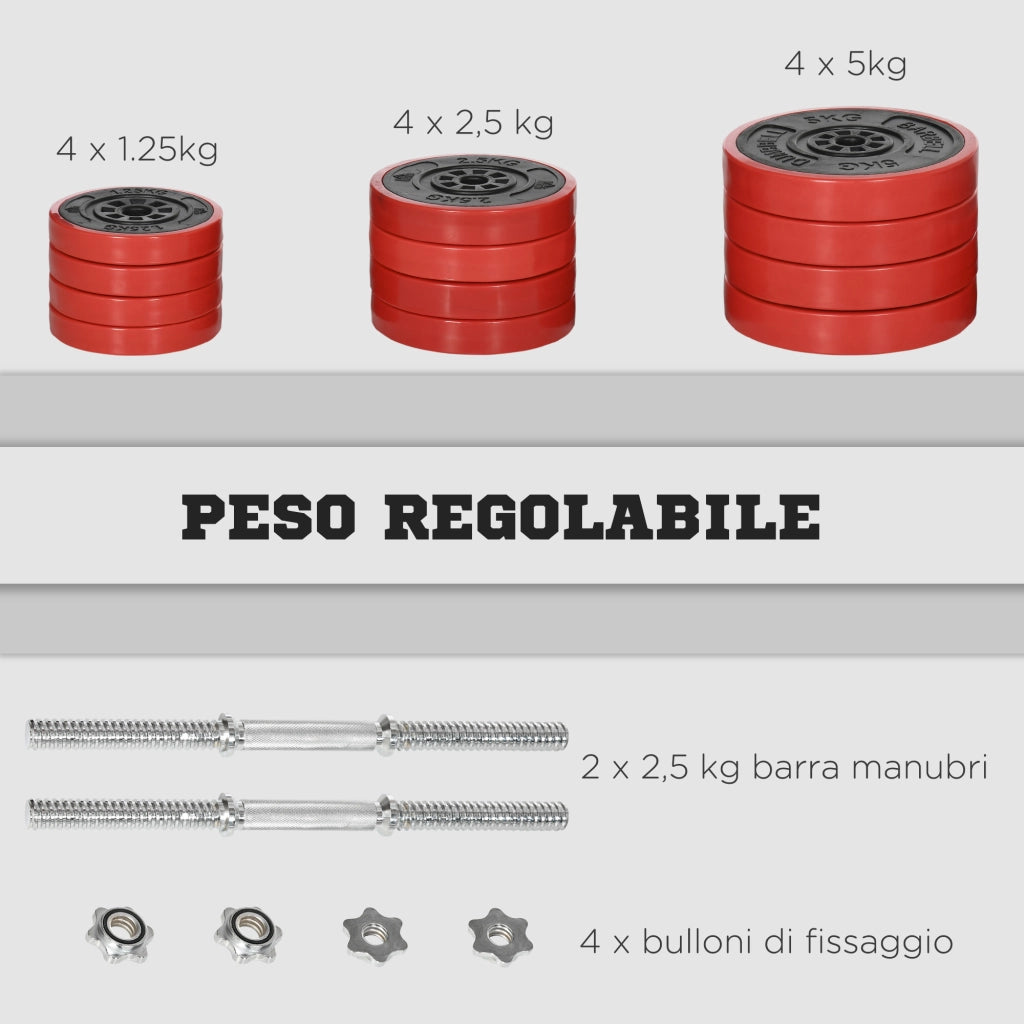 Set Manubri 40kg ¨C Xylo ¨C Rivestiti in Gomma, Metallo e Sabbia di Ferro, 45x26x26 cm, Rosso