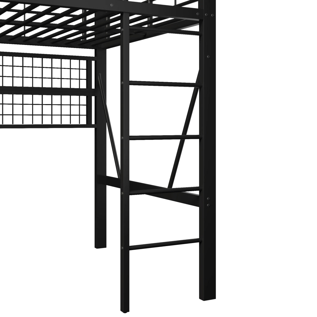 Letto a soppalco 140 x 200 cm in metallo nero con LED, ripiani e rete