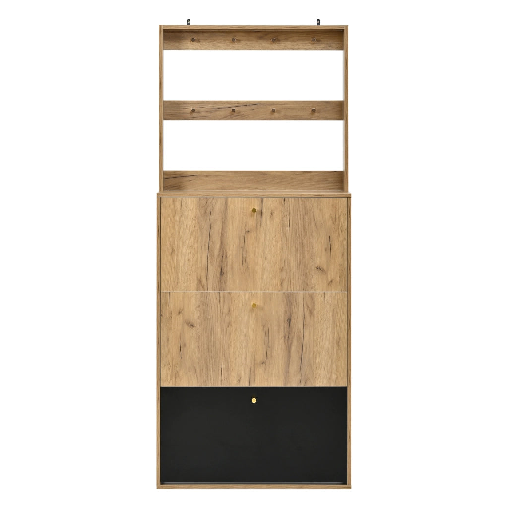 Scarpiera con 3 ante ribaltabili, ganci e ripiani regolabili, per ingresso, nero e naturale, 75 × 24 × 180 cm