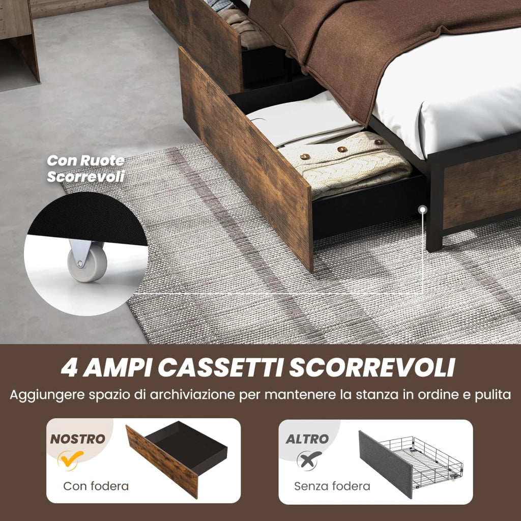 Letto con 4 Cassetti e Testiera, Struttura Letto 200x140 cm con Luci LED Regolabile e Presa Multipla, Carico Massimo 300kg, Silenzioso (200x140 cm)