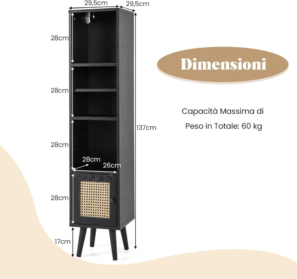 Libreria Scaffale con Anta in Rattan Naturale, Scaffale Legno in Stile Boho con 3 Ripiani Regolabili in 12 Posizioni, per Soggiorno Cucina e Camera da Letto, 29,5 x 29,5 x 137 cm (Nero)