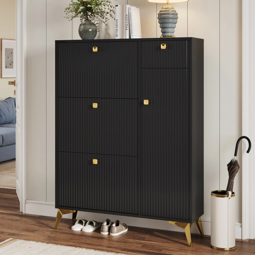 Scarpiera moderna nera con ante; cassetto e maniglie in metallo; 90x25x121 cm
