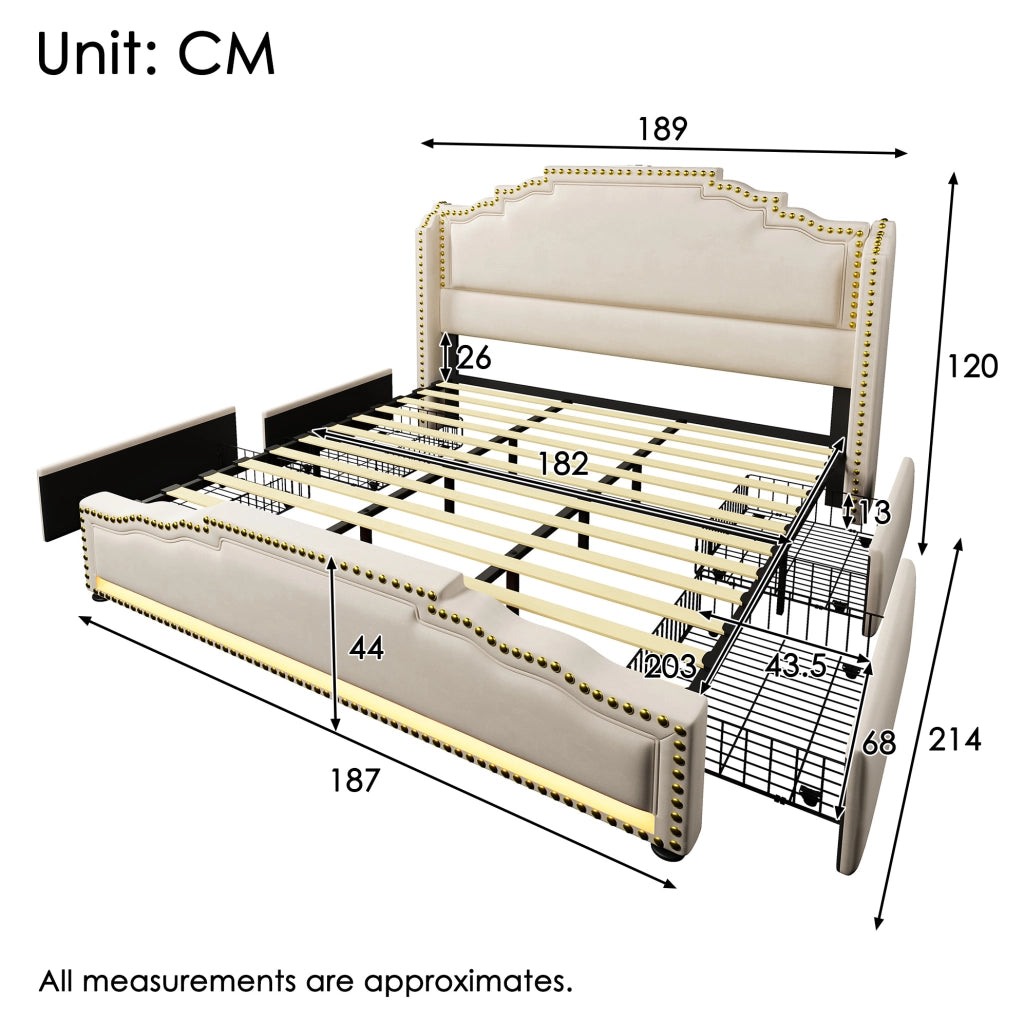 Letto matrimoniale 180x200 cm con 4 cassetti; LED; USB e velluto beige