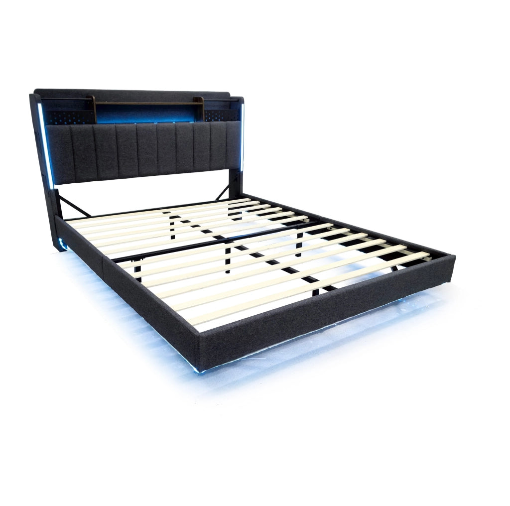 Letto matrimoniale imbottito 160x200 cm con LED; USB e testiera contenitore; grigio