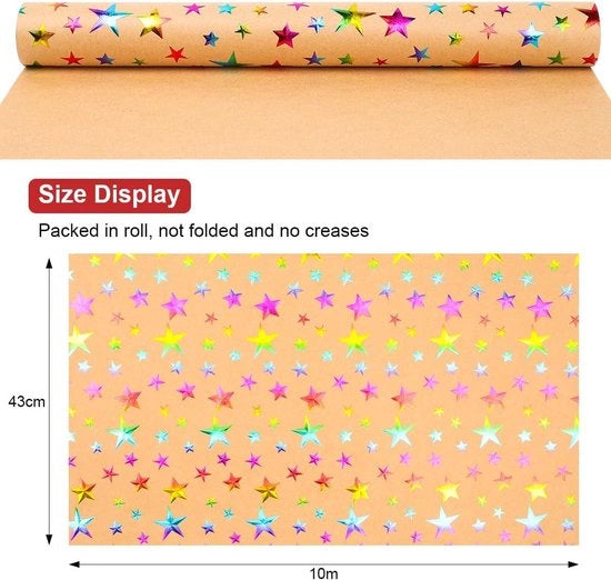 Papier di carta Kraft per confezioni con stelle colorate - riciclabile per compleanni, Natale, battesimi e altro