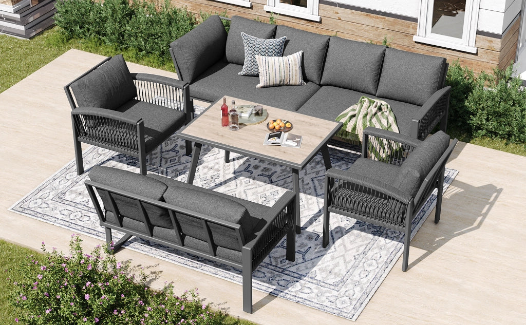 Set giardino 8 persone: corda intrecciata; tavolo grande effetto legno; ferro zincato; piedini regolabili