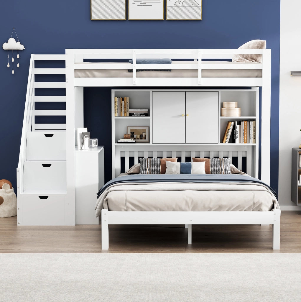 Letto a castello con scala contenitore; 90x200 cm + 140x200 cm; legno massello e MDF; bianco