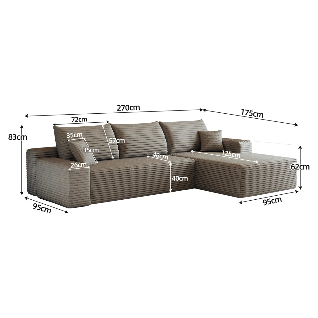 Divano angolare modulare con chaise longue e schiuma elastica in velluto a coste rigato camel