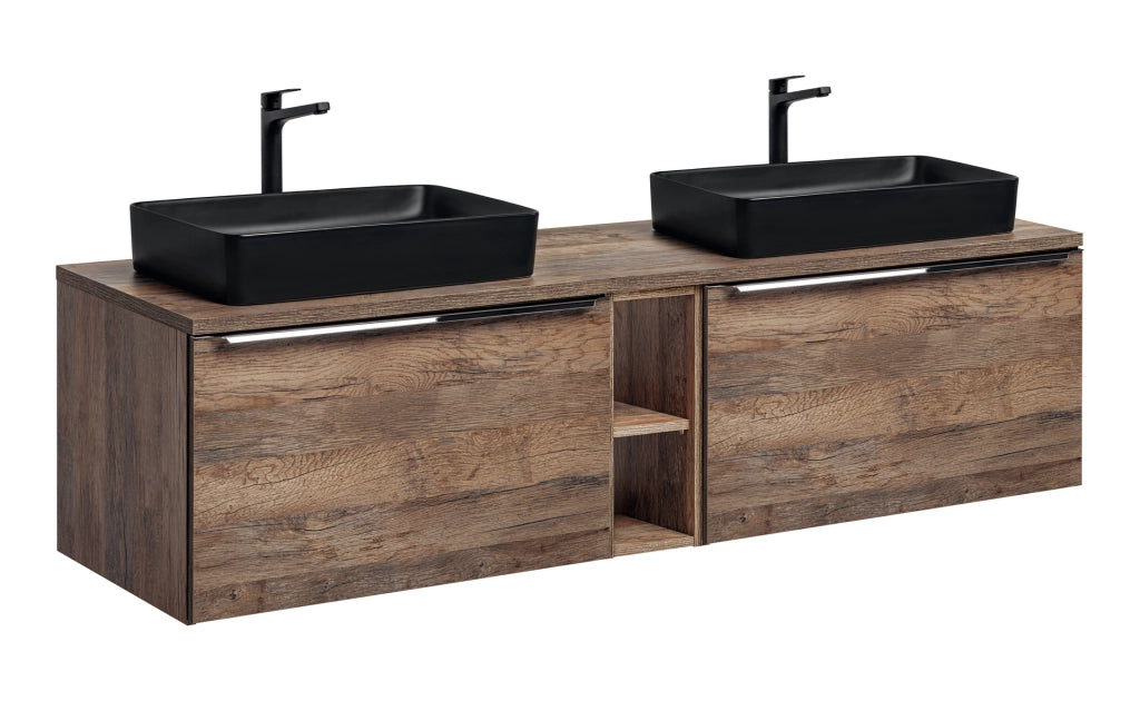 Set mobili bagno 180 cm con piano e 2 lavabi da appoggio Slim Santa Fe Oak 180 x 1401 x 46 cm