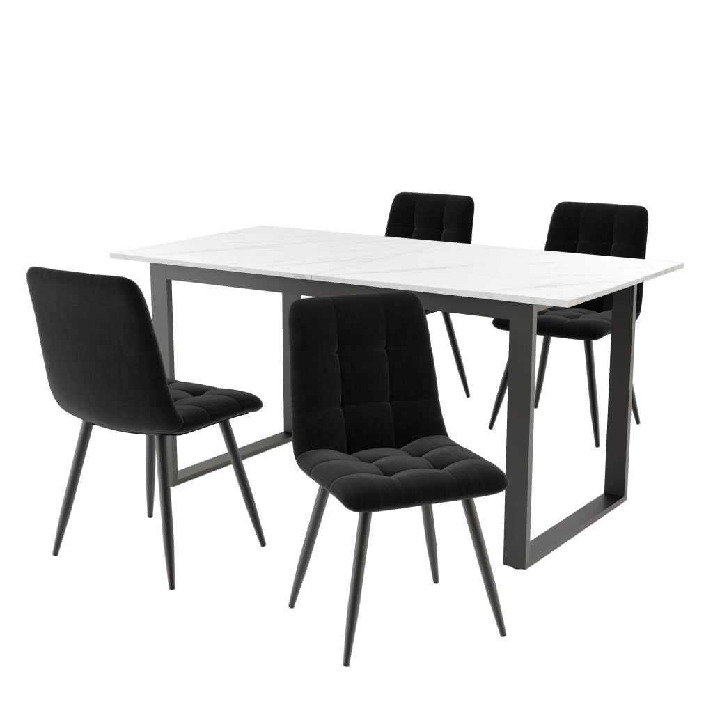 Tavolo da pranzo allungabile con 4 sedie, piano in MDF bianco, sedute imbottite, per cucina e sala da pranzo