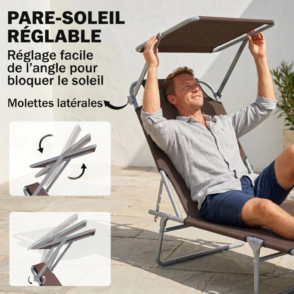 Transat pieghevole con schienale regolabile e parasole ¨C zephmum ¨C marrone 187x58x36cm