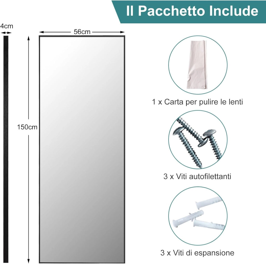 2 in 1 Specchio Lungo da Parete, Specchio a Figura Intera con Telaio Rettangolare in Alluminio e Vetro Antiesplosione, Specchio da Terra per Ingresso Bagno, 56 x150 cm (Nero)