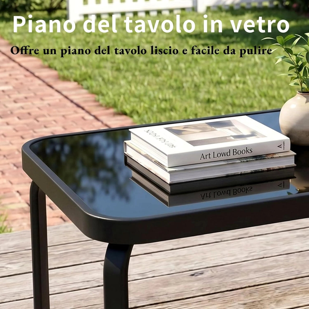 Set Salotto da Giardino 4 Pezzi, Set Mobili da Esterno con Divano 2 Posti, 2 Poltrone, 1 Tavolino in vetro, Textilene Traspirante, Set da Conversazioni per Piccolo Balcone, Terrazzo (Nero)