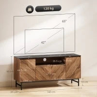 Mobile TV in legno con vano aperto e passacavi, effetto marmo, 140x39x66cm, Marrone