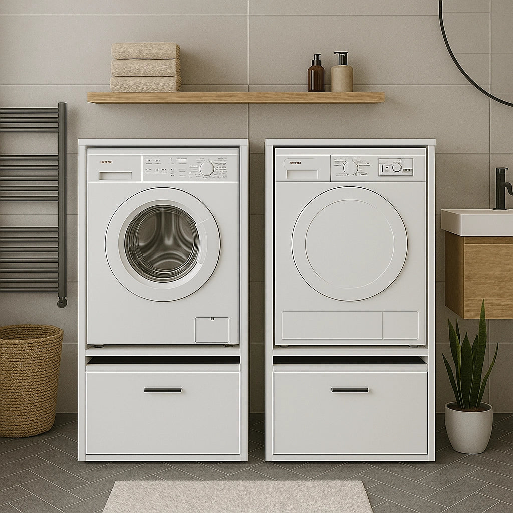 Mobile Per Lavatrice Asciugatrice Armadio Mobiletto Bagno Mobili Salvaspazio Con Cassetto E Mensola Allungabile Scaffale In Legno Armadietto Per Lavanderia Coprilavatrice 70 x 146 x 64 Cm Bianco