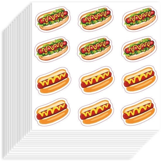 Sticker Decorativi Autoadesivi 20 pezzi - Sticker Autoadesivi Decorativi - Sticker Resistenti all'Acqua e ai Alimenti - Sticker per Scrapbook - Disegno Hot Dog - Dimensioni 90 x 90 mm - Sticker Decorativi
