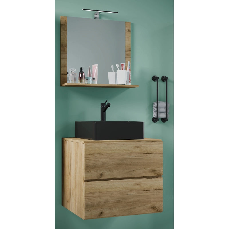 Luce di Ezooza Mobile Sospeso con 2 cassetti Large con lavabo in ceramica di alta qualità e specchio, Rovere miele , lavabo Nero