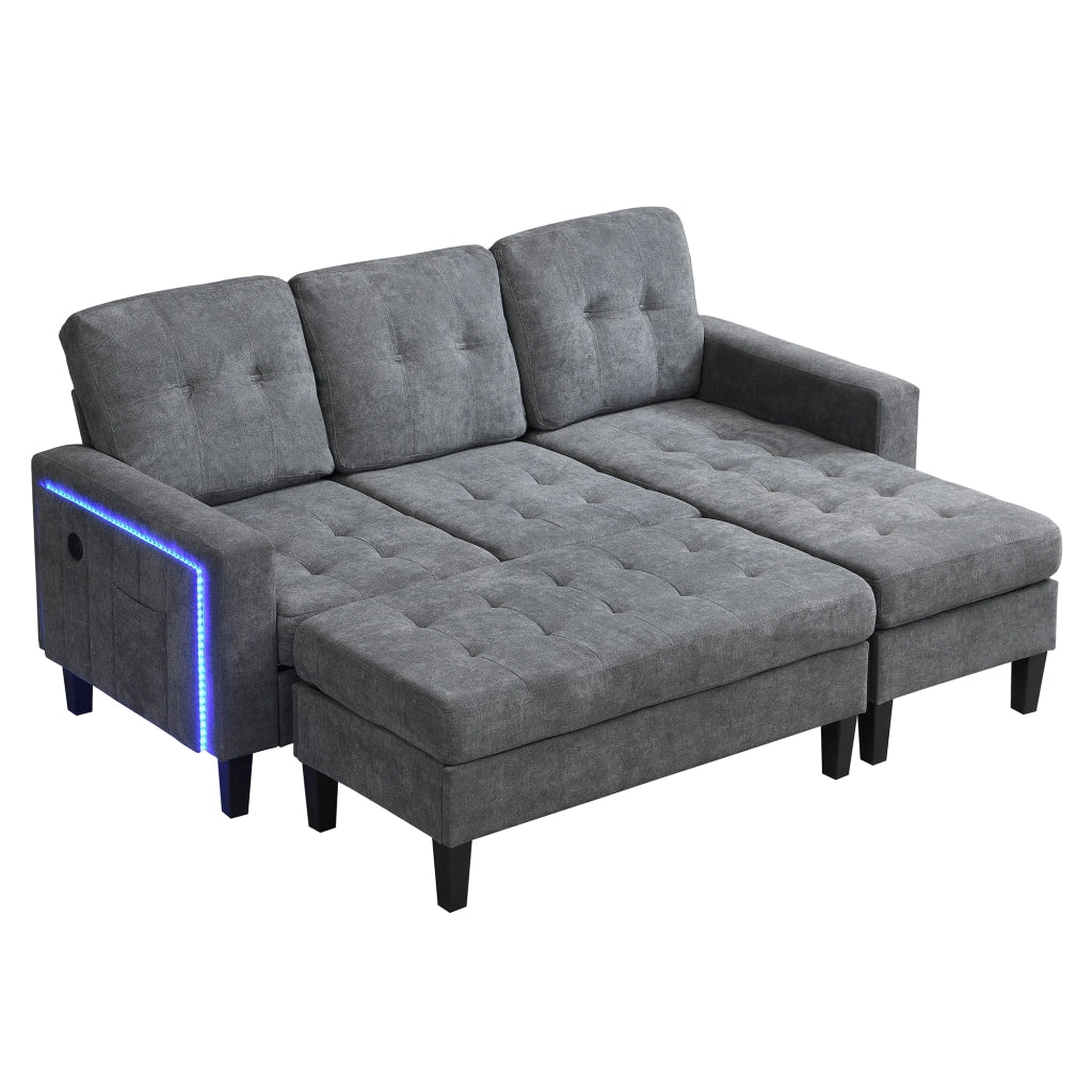 Divano letto angolare 3 posti - con pouf mobile; LED e USB - in chenille grigio antico