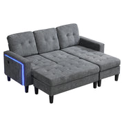 Divano letto angolare 3 posti - con pouf mobile; LED e USB - in chenille grigio antico