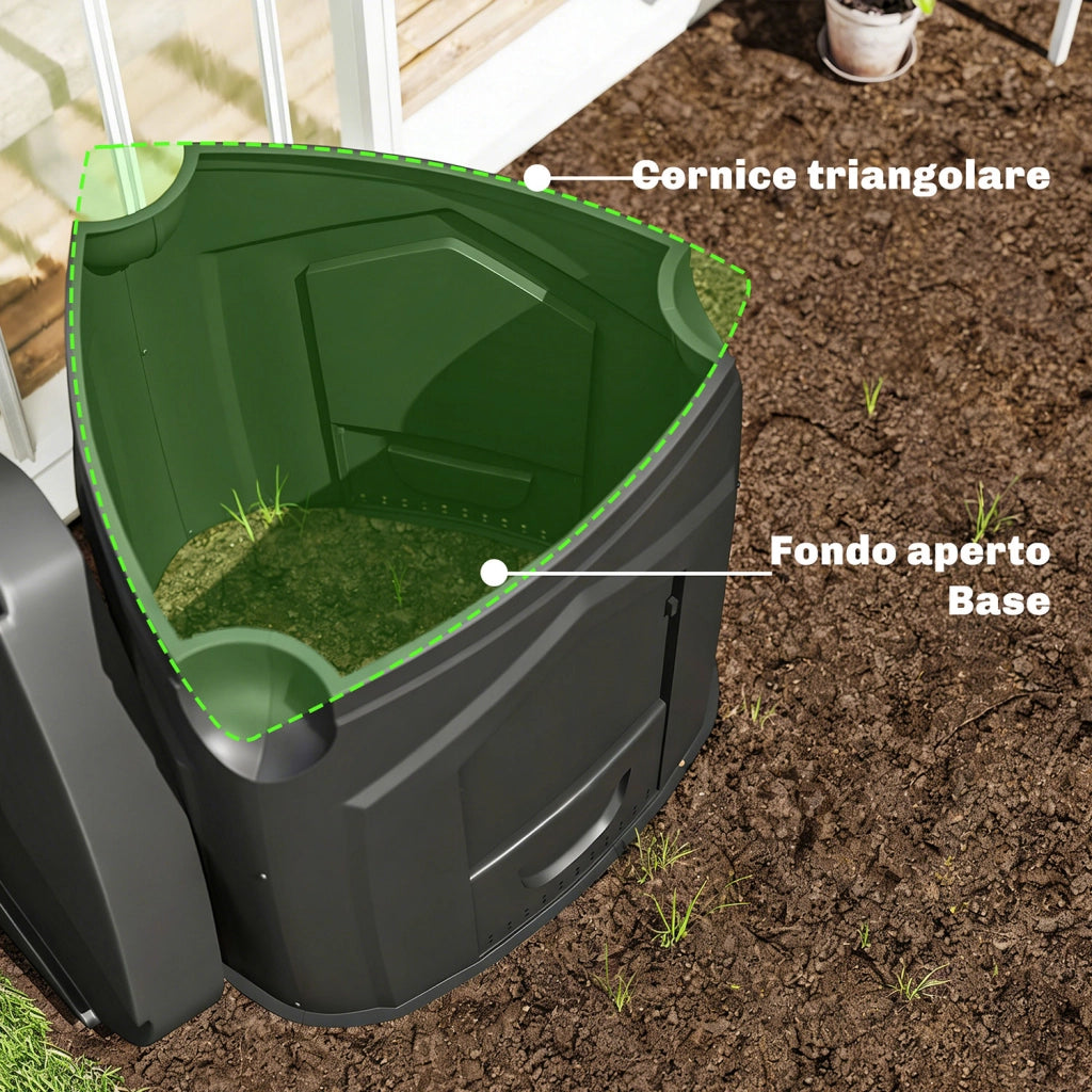 Compostiera da Giardino 78x75x78 cm Triangolare Girevole con 3 Porte in PP Nero